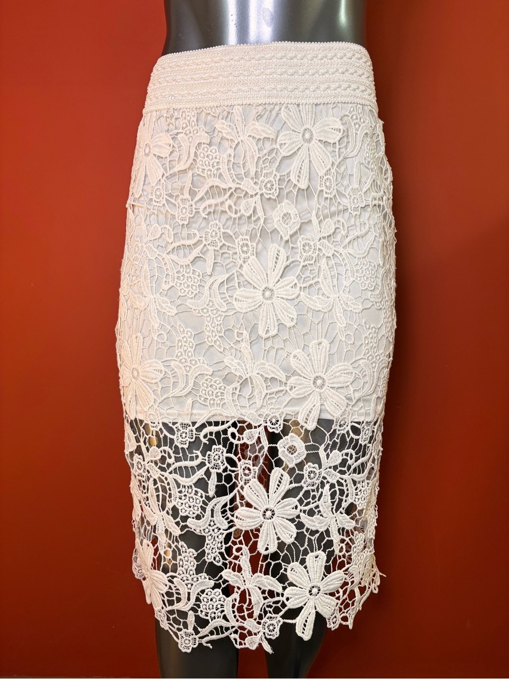 meraki Ivory Crochet Floral Pencil Skirt
